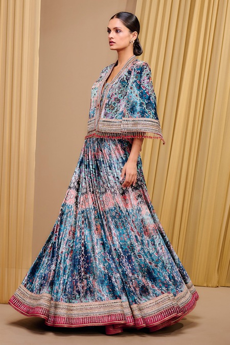 Buy Blue Silk, Velvet Beads V-neck Signature Print Lehenga