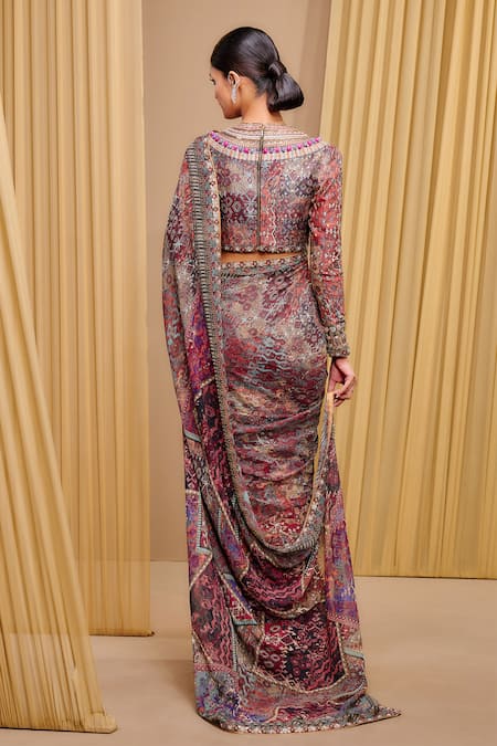 Shop_Tarun Tahiliani_Brown Chanderi, Silk Sequins, Crystals, Chiffon Abstract Print Saree With Blouse _at_Aza_Fashions