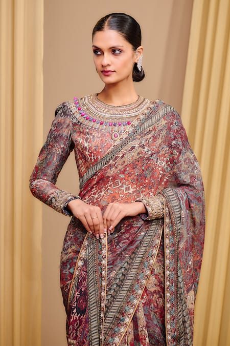 Tarun Tahiliani_Brown Chanderi, Silk Sequins, Crystals, Chiffon Abstract Print Saree With Blouse _Online_at_Aza_Fashions