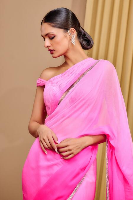 Buy_Tarun Tahiliani_Pink Chiffon, Satin Crystals, Zari Asymmetric Ombre Concept Saree And Blouse Set _Online_at_Aza_Fashions