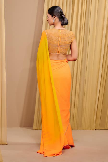Shop_Tarun Tahiliani_Orange Chiffon, Tulle, Satin Crystals Round Neck Sunset Ombre Saree And Blouse Set _at_Aza_Fashions