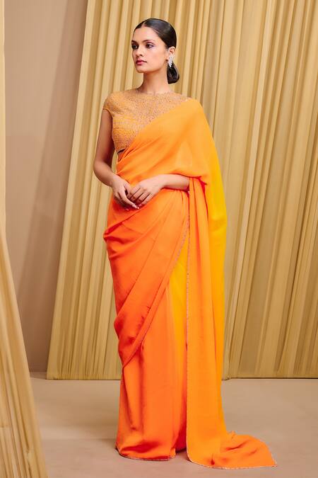 Tarun Tahiliani_Orange Chiffon, Tulle, Satin Crystals Round Neck Sunset Ombre Saree And Blouse Set _Online_at_Aza_Fashions