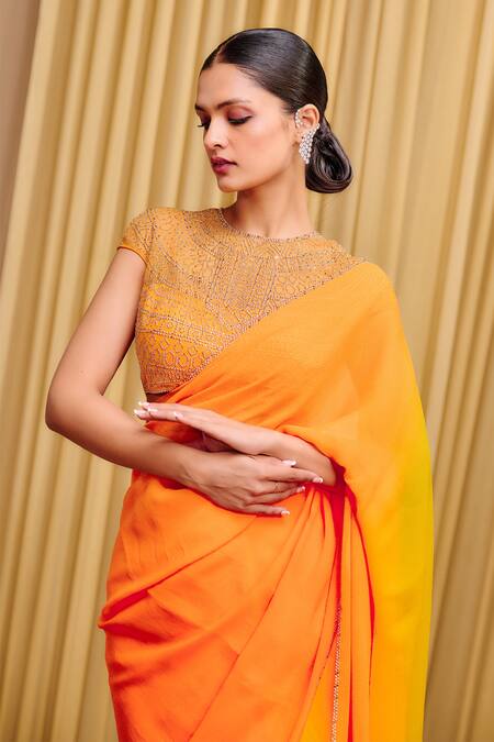 Buy_Tarun Tahiliani_Orange Chiffon, Tulle, Satin Crystals Round Neck Sunset Ombre Saree And Blouse Set _Online_at_Aza_Fashions