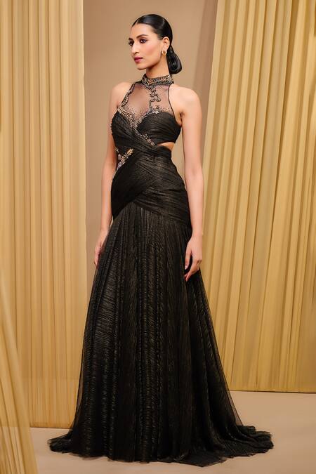 Buy_Tarun Tahiliani_Black Crepe, Tulle Crystals, Stones Round Sculpted Jewelled Embroidered Gown _Online_at_Aza_Fashions