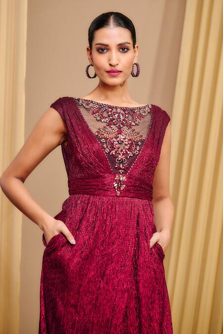 Tarun Tahiliani_Wine Crepe Embroidery Round Neck Crystal Embellished Jumpsuit _Online_at_Aza_Fashions