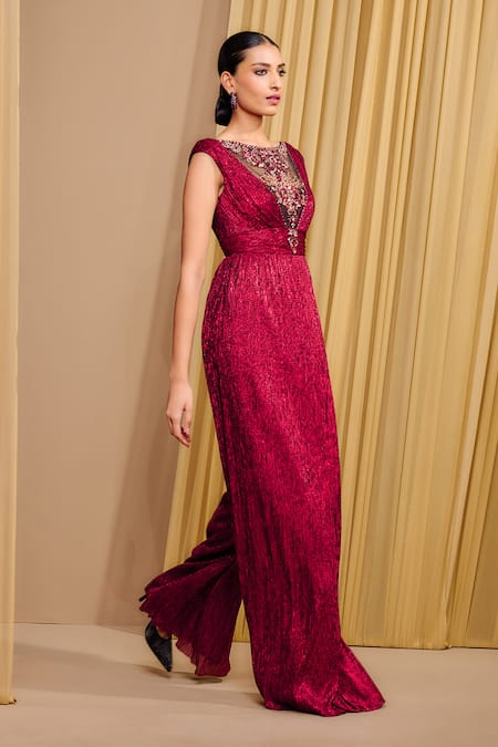 Buy_Tarun Tahiliani_Wine Crepe Embroidery Round Neck Crystal Embellished Jumpsuit _Online_at_Aza_Fashions