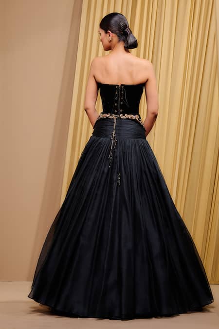 Shop_Tarun Tahiliani_Black Satin, Organza Embroidery Floral Applique Work Skirt _at_Aza_Fashions