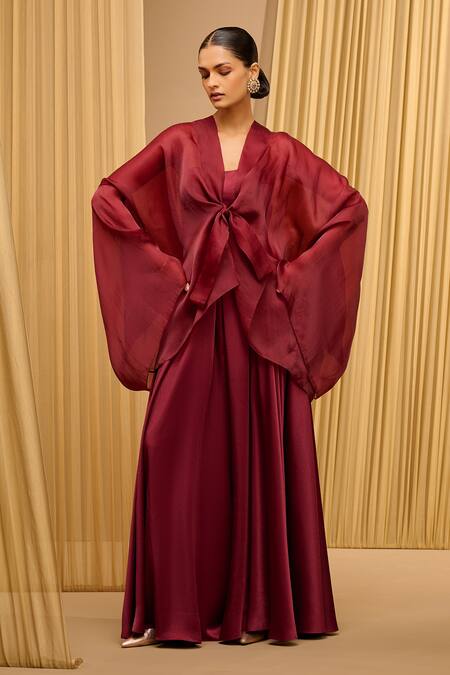 Buy_Tarun Tahiliani_Wine Satin Plain Wide Legged Trouser _Online_at_Aza_Fashions