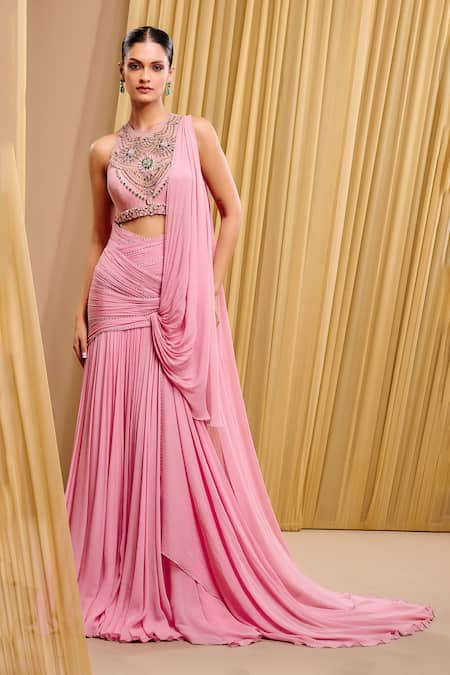 Tarun Tahiliani Pink Silk Chiffon Embellished Crystal Draped Concept Saree With Blouse 