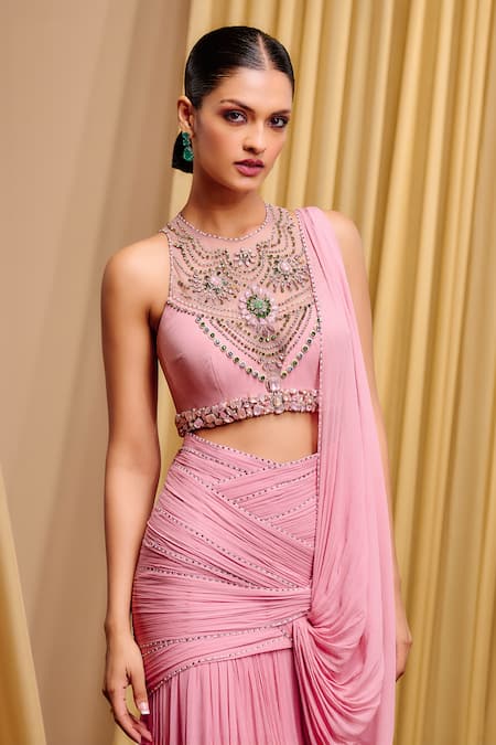 Shop_Tarun Tahiliani_Pink Silk, Chiffon Crystals, Draped Concept Saree With Embellished Blouse _Online_at_Aza_Fashions