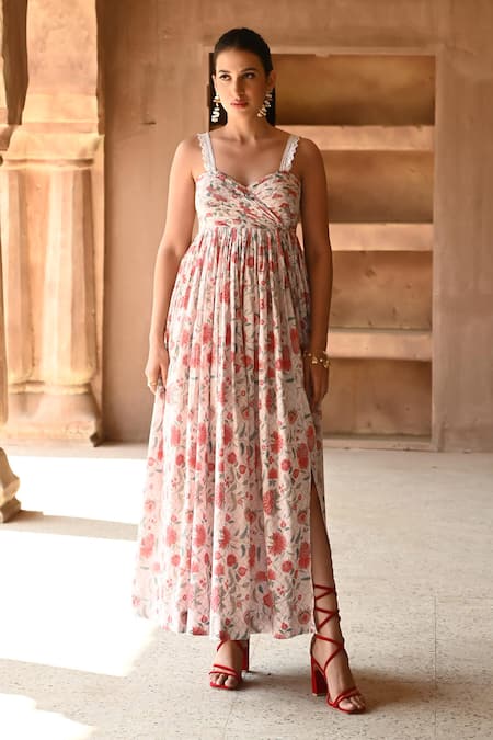 Sage Saga Ivory Mul Printed Floral Sweetheart Barkha Slit Dress 