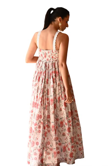 Sage Saga Ivory Muslin Lace Sweetheart Neck Barkha Floral Print Slit Dress Online at Aza Fashions Sage Saga_Ivory Muslin Lace Sweetheart Neck Barkha Floral Print Slit Dress _Online_at_Aza_Fashions