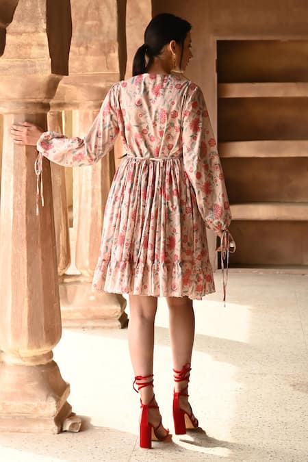 Shop_Sage Saga_Pink Muslin Embroidery V-neck Barkha Floral Print Frill Dress _at_Aza_Fashions