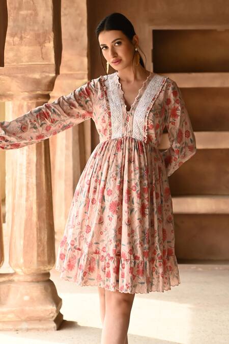 Buy_Sage Saga_Pink Muslin Embroidery V-neck Barkha Floral Print Frill Dress _Online_at_Aza_Fashions