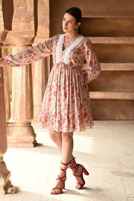 Shop_Sage Saga_Pink Muslin Embroidery V-neck Barkha Floral Print Frill Dress _Online_at_Aza_Fashions
