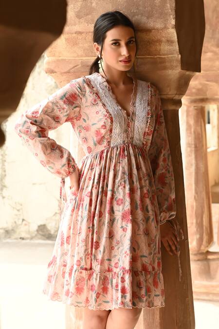 Sage Saga_Pink Muslin Embroidery V-neck Barkha Floral Print Frill Dress _at_Aza_Fashions