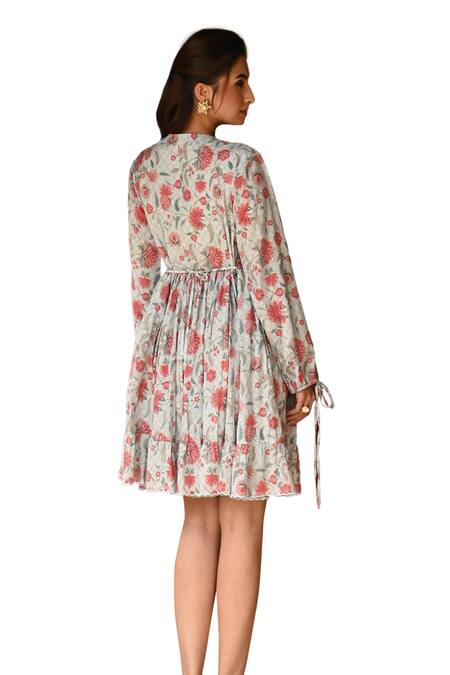 Sage Saga_Blue Muslin Embroidery V-neck Barkha Floral Print Scalloped Dress _Online_at_Aza_Fashions