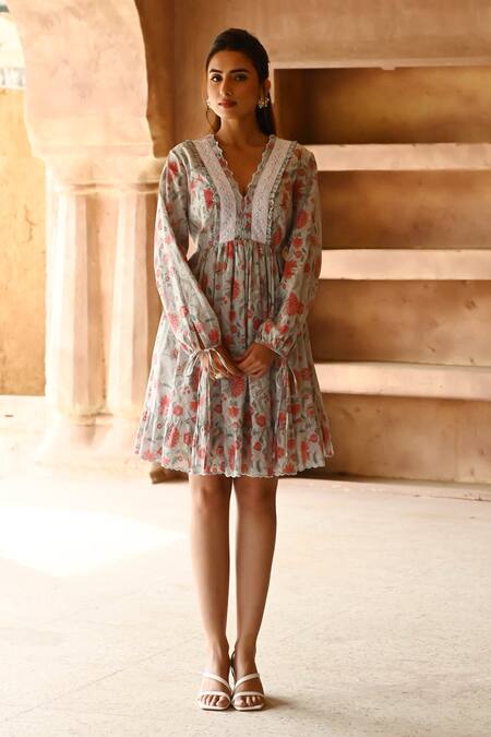 Buy_Sage Saga_Blue Muslin Embroidery V-neck Barkha Floral Print Scalloped Dress _Online_at_Aza_Fashions