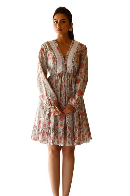 Shop_Sage Saga_Blue Muslin Embroidery V-neck Barkha Floral Print Scalloped Dress _Online_at_Aza_Fashions