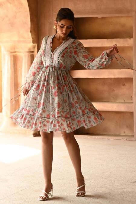 Sage Saga_Blue Muslin Embroidery V-neck Barkha Floral Print Scalloped Dress _at_Aza_Fashions