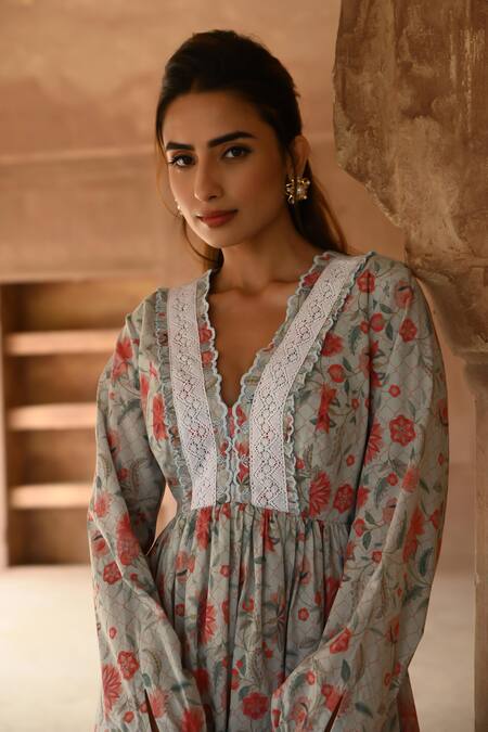 Shop_Sage Saga_Blue Muslin Embroidery V-neck Barkha Floral Print Scalloped Dress 