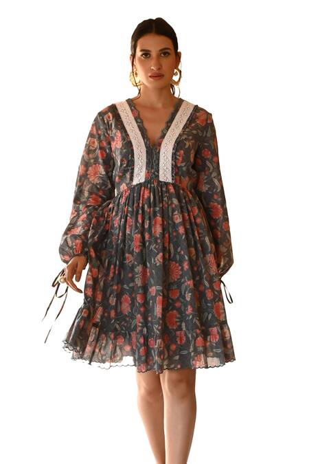 Buy Sage Saga Grey Lace V-neck Barkha Floral Print Dress Online at Aza Fashions Buy_Sage Saga_Grey Lace V-neck Barkha Floral Print Dress _Online_at_Aza_Fashions