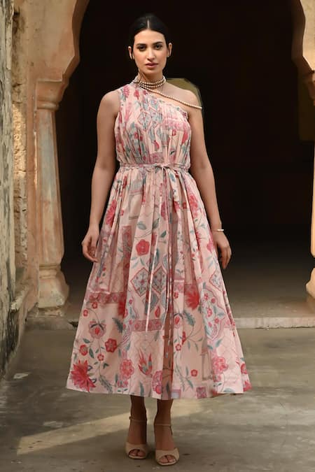 Sage Saga Pink Mul Printed Floral One Shoulder Barkha Dress 