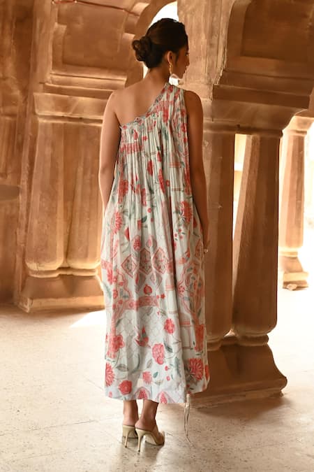 Shop_Sage Saga_Blue Muslin One Shoulder Barkha Printed Dress _at_Aza_Fashions