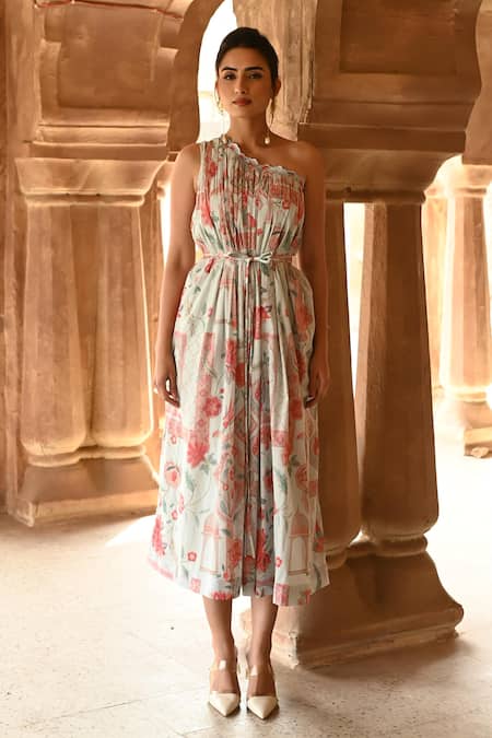 Sage Saga_Blue Muslin One Shoulder Barkha Printed Dress _Online_at_Aza_Fashions