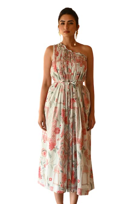 Buy Sage Saga Blue Muslin One Shoulder Barkha Printed Dress Online at Aza Fashions Buy_Sage Saga_Blue Muslin One Shoulder Barkha Printed Dress _Online_at_Aza_Fashions