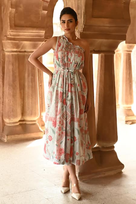 Shop_Sage Saga_Blue Muslin One Shoulder Barkha Printed Dress _Online_at_Aza_Fashions