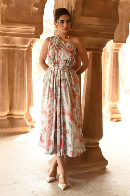Sage Saga_Blue Muslin One Shoulder Barkha Printed Dress _at_Aza_Fashions
