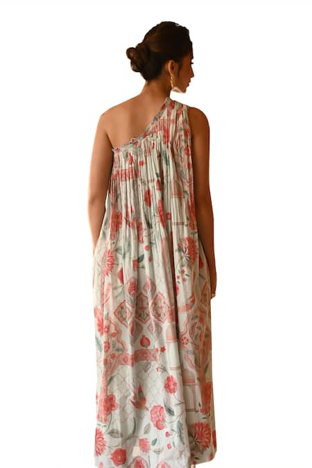 Shop Sage Saga Blue Muslin One Shoulder Barkha Printed Dress Shop_Sage Saga_Blue Muslin One Shoulder Barkha Printed Dress