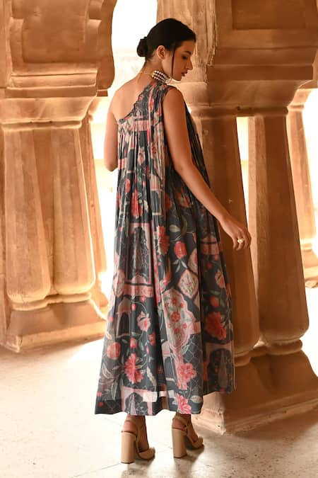 Shop_Sage Saga_Grey Muslin One Shoulder Barkha Floral Print Pleated Dress _at_Aza_Fashions