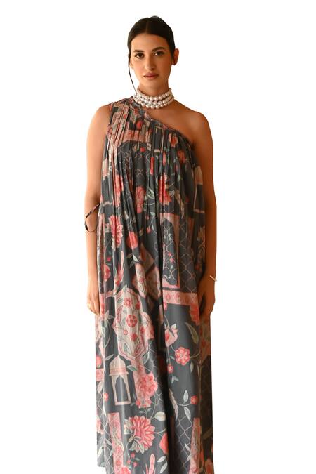 Sage Saga Grey Muslin One Shoulder Barkha Floral Print Pleated Dress at Aza Fashions Sage Saga_Grey Muslin One Shoulder Barkha Floral Print Pleated Dress _at_Aza_Fashions