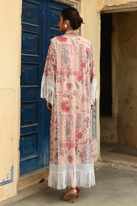 Shop_Sage Saga_Pink Muslin Embroidery, Lace Round Neck Barkha Floral Print Kaftan _at_Aza_Fashions