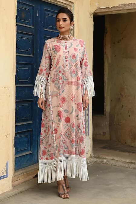 Sage Saga_Pink Muslin Embroidery, Lace Round Neck Barkha Floral Print Kaftan _Online_at_Aza_Fashions