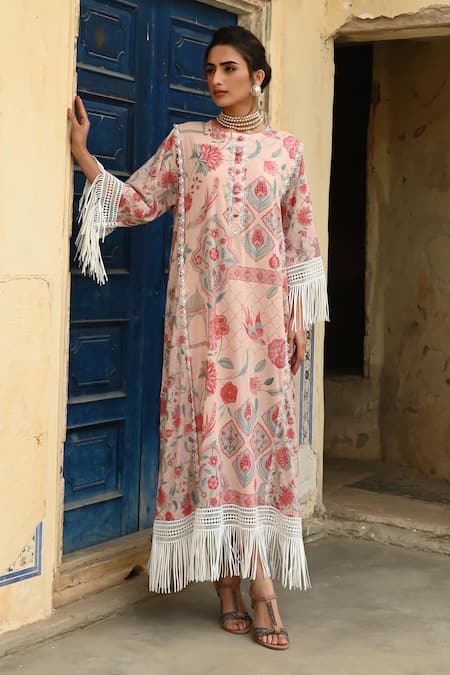 Buy_Sage Saga_Pink Muslin Embroidery, Lace Round Neck Barkha Floral Print Kaftan _Online_at_Aza_Fashions