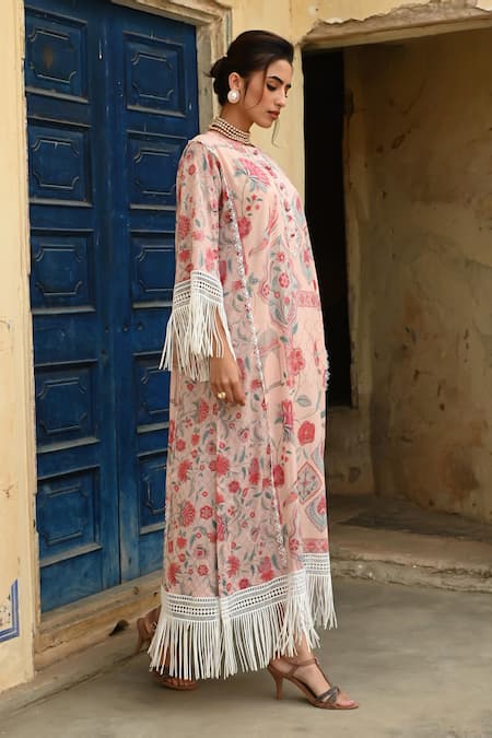 Shop_Sage Saga_Pink Muslin Embroidery, Lace Round Neck Barkha Floral Print Kaftan _Online_at_Aza_Fashions