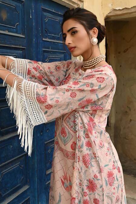 Sage Saga_Pink Muslin Embroidery, Lace Round Neck Barkha Floral Print Kaftan _at_Aza_Fashions