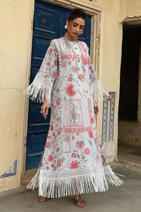 Buy_Sage Saga_Blue Muslin Embroidery Round Neck Barkha Floral Print Fringed Kaftan _Online_at_Aza_Fashions