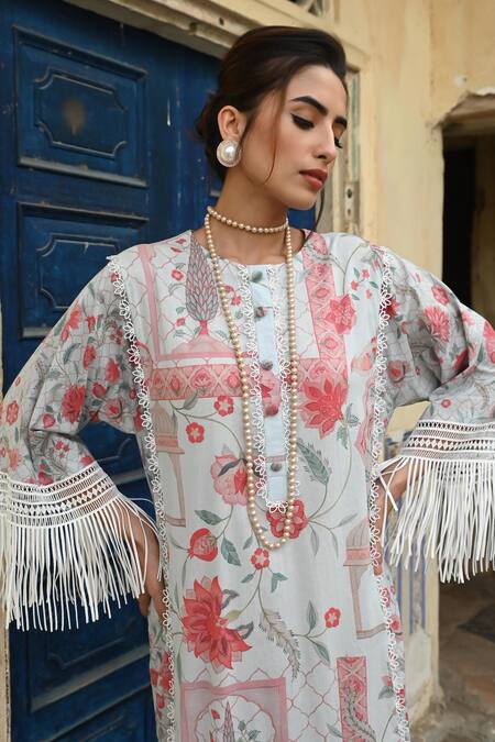 Shop_Sage Saga_Blue Muslin Embroidery Round Neck Barkha Floral Print Fringed Kaftan _Online_at_Aza_Fashions