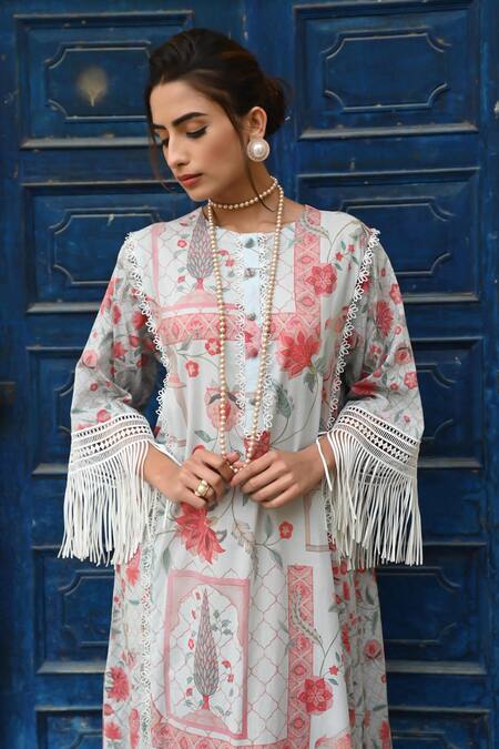 Sage Saga_Blue Muslin Embroidery Round Neck Barkha Floral Print Fringed Kaftan _at_Aza_Fashions