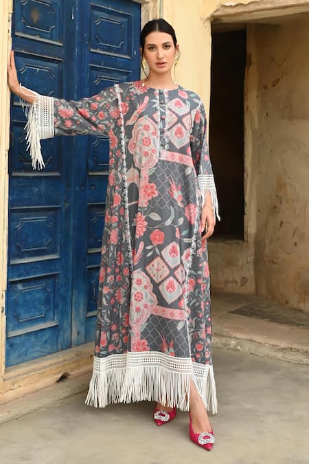 Sage Saga Barkha Printed Fringed Kaftan 