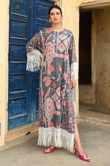 Shop_Sage Saga_Grey Mul Printed Floral Round Barkha Fringed Kaftan _Online_at_Aza_Fashions