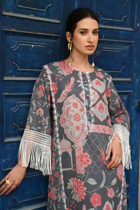 Sage Saga_Grey Mul Printed Floral Round Barkha Fringed Kaftan _at_Aza_Fashions