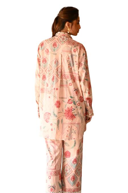 Sage Saga_Pink Cotton Lace Collared Barkha Floral Print Shirt Tunic With Pant _Online_at_Aza_Fashions