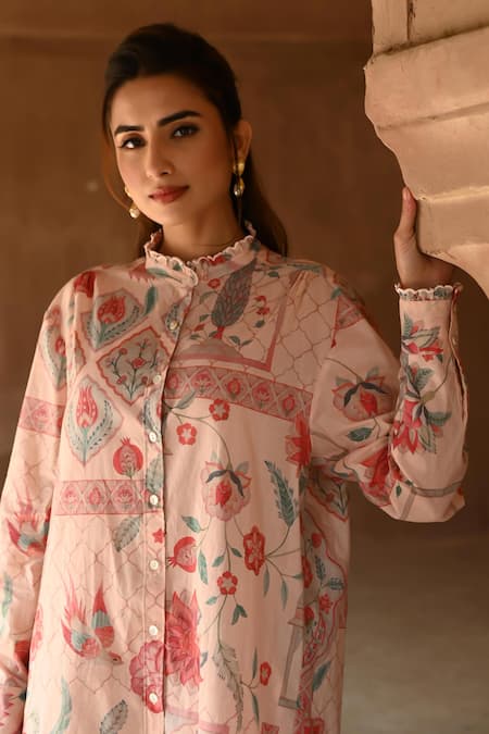 Shop_Sage Saga_Pink Cotton Lace Collared Barkha Floral Print Shirt Tunic With Pant 