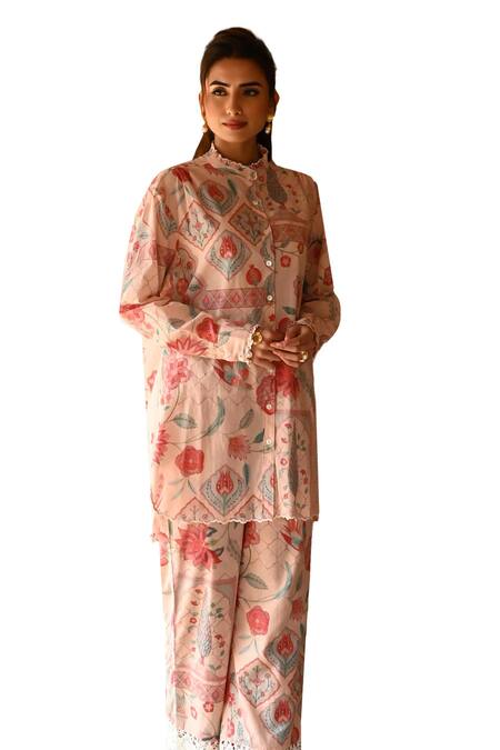 Shop_Sage Saga_Pink Muslin Lace Barkha Floral Print Pant _Online_at_Aza_Fashions