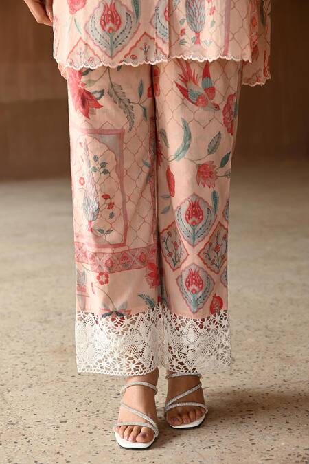 Buy_Sage Saga_Pink Muslin Lace Barkha Floral Print Pant 
